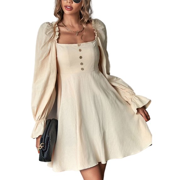 Square Neck Ruffle Cuff Button Dress for Women Above Knee Length