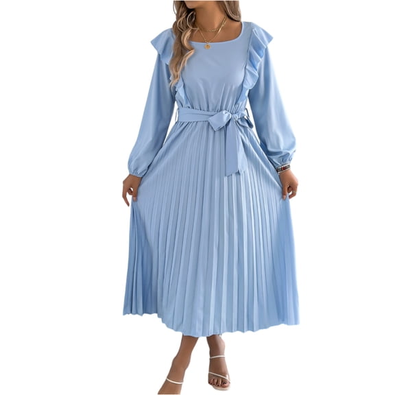 Square Neck Ruffle Dress, Long Sleeve Tiered Pleated Midi with Elastic Waist, Romantic Vintage Style for Date Night, Holiday & Photos Blue L
