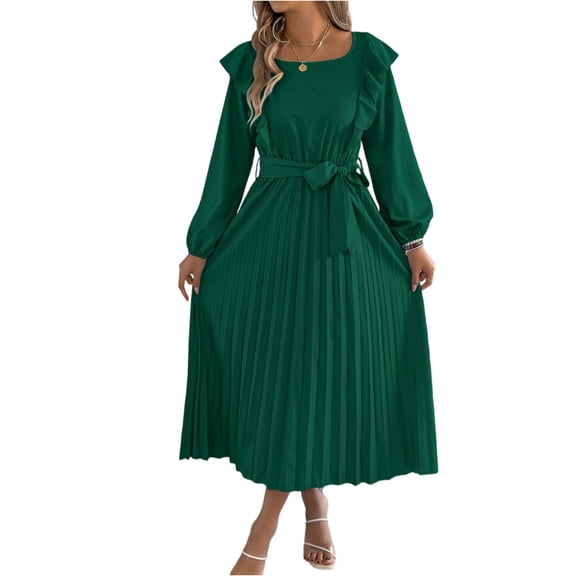 Square Neck Ruffle Dress, Long Sleeve Tiered Pleated Midi with Elastic Waist, Romantic Vintage Style for Date Night, Holiday & Photos Green M