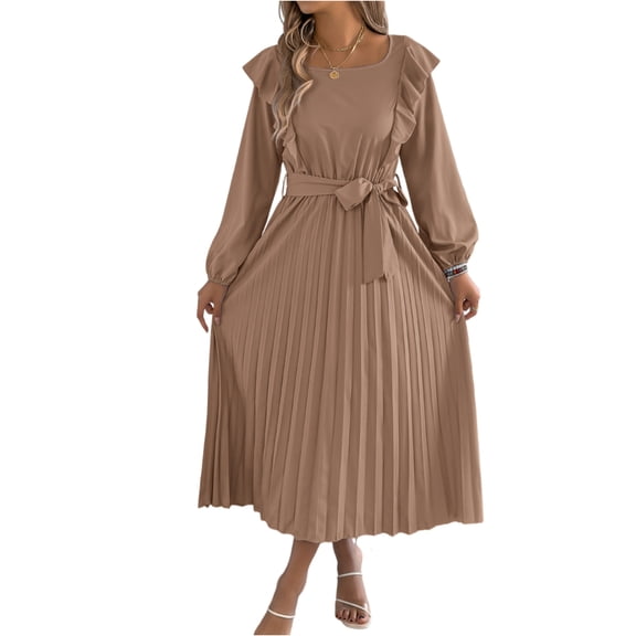 Square Neck Ruffle Dress, Long Sleeve Tiered Pleated Midi with Elastic Waist, Romantic Vintage Style for Date Night, Holiday & Photos Khaki S