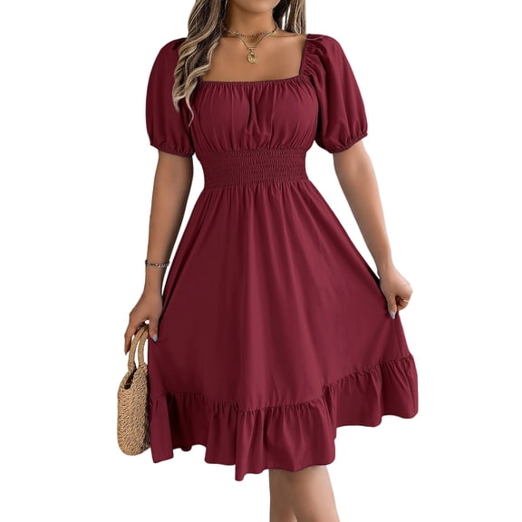Square Neck Ruffle Hem Dress for Women Cute Short Puff Sleeve Dresses Casual Ruffle Shirred Flowy Party Dress