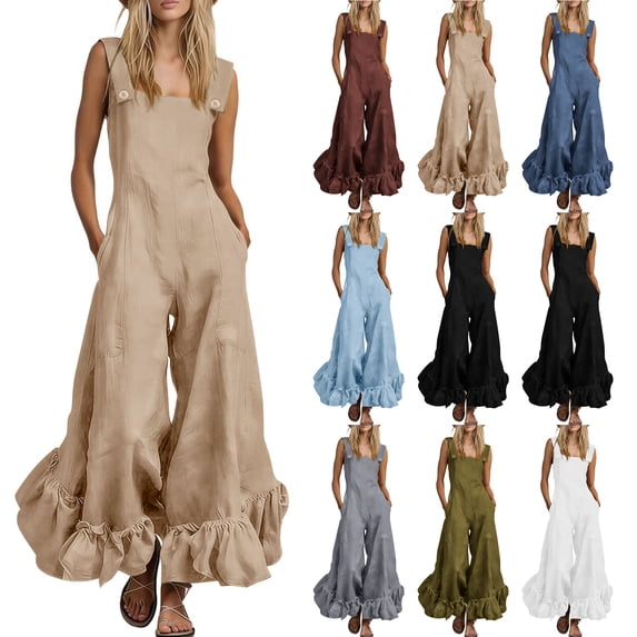 Square Neck Ruffle Hem Jumpsuit for Women - Flowy Wide Leg Boho Overall, Sleeveless Casual Vacation Romper with Pockets Army Green L