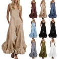 thumbnail image 1 of Square Neck Ruffle Hem Jumpsuit for Women - Flowy Wide Leg Boho Overall, Sleeveless Casual Vacation Romper with Pockets Light Blue XXL, 1 of 7