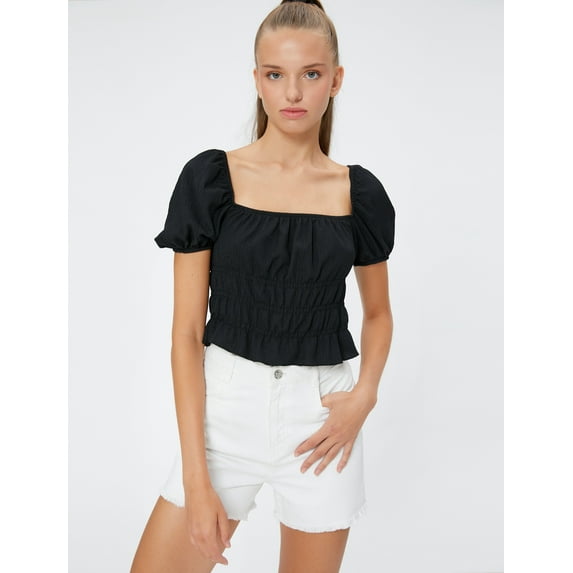 Square Neck Ruffle Tissued Puff Sleeve T-Shirt