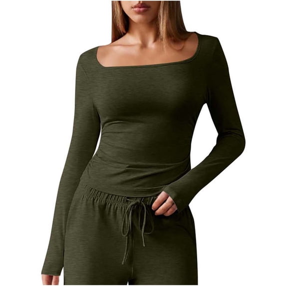 Square Neck Shirt For Women T Shirts Long Sleeve Slim Fit Tees Fall Going Out Crop Tops Cute Tight Shirts (S, Army Green)