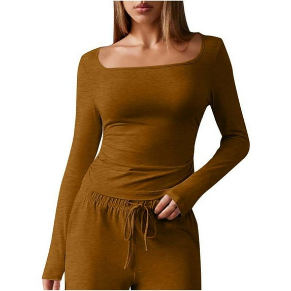 Square Neck Shirt For Women T Shirts Long Sleeve Slim Fit Tees Fall Going Out Crop Tops Cute Tight Shirts (S, Brown)