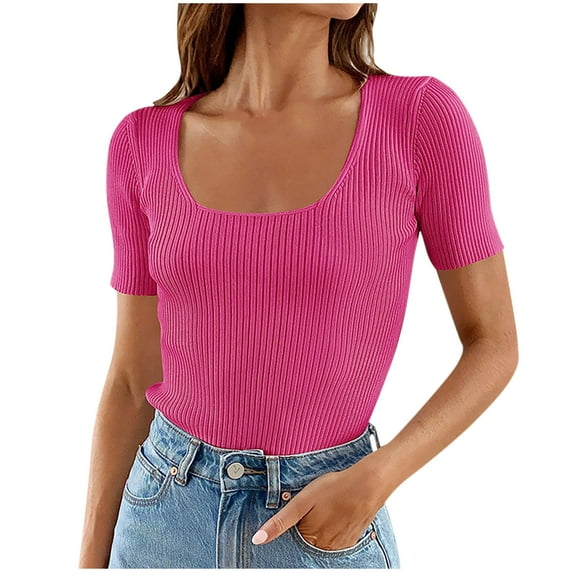 Square Neck Short Sleeve Tops for Women Ribbed Knit Pullover Casual Slim Fitted T Shirts Cute Summer Dressy Tees (M, Hot Pink)