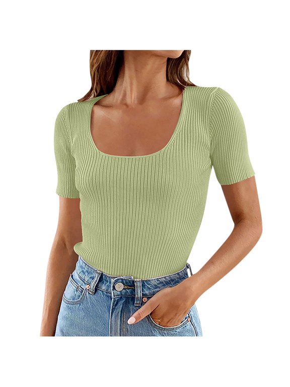 Square Neck Short Sleeve Tops for Women Ribbed Knit Pullover Casual Slim Fitted T Shirts Cute Summer Dressy Tees (S, Green)