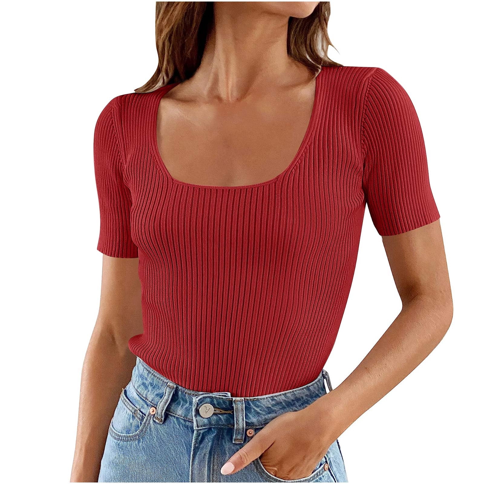 Square Neck Short Sleeve Tops for Women Ribbed Knit Pullover Casual Slim  Fitted T Shirts Teens Summer Spring Tees (X-Large, Red)