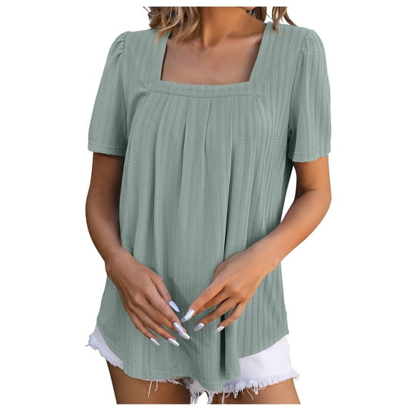 Square Neck Short Sleeve Tops for Women Shrug Shoulder Pleated Casual Loose Fit Solid Trendy T-Shirts Pullovers Green,2XL