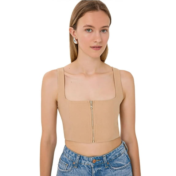 Square Neck Sleeveless Cropped Top with Zip Detail