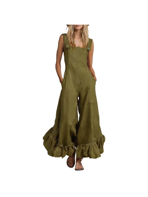 Square Neck Sleeveless Jumpsuits for Women Baggy Ruffle Hem Flare Leg Linen Overalls Loose Casual Trendy Romper Army Green, L