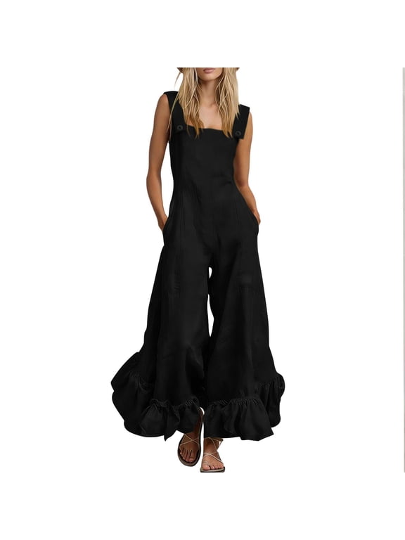 Square Neck Sleeveless Jumpsuits for Women Baggy Ruffle Hem Flare Leg Linen Overalls Loose Casual Trendy Romper Black, XL