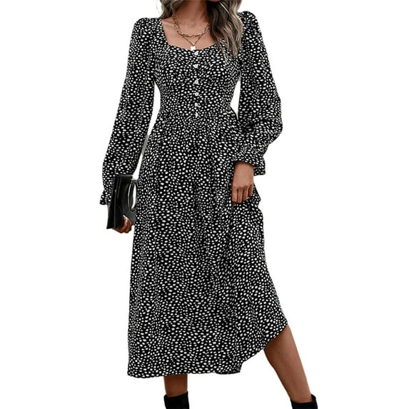 Square Neck Spotted Print Midi Dress for Women Mid-Calf Length