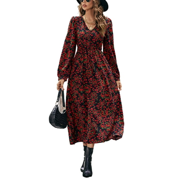 Square Neck Spotted Print Midi Dress for Women Mid-Calf Length