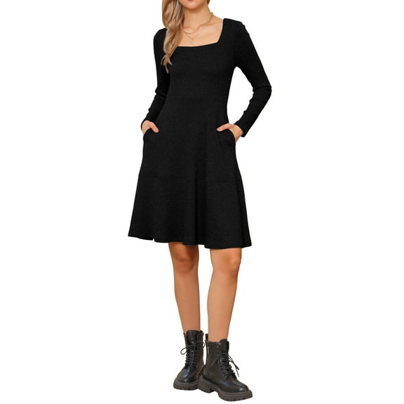 Square Neck Fall Dresses for Womens Casual Long Sleeve A Line Knit Pullover Dress with Pockets XS Black
