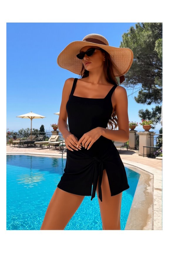 Square Neck Swim Dress Women Tummy Control One Piece Swimsuit Wrap Bathing Suit UPF 50+; Modest Swimwear for Women; Flattering Swimsuit; Comfortable Beachwear