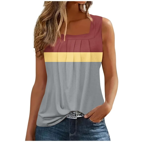 Square Neck Tank Tops for Women Dressy Loose Pleated Tunic Blouses Casual Colorblock 2024 Summer Sleeveless T-Shirts