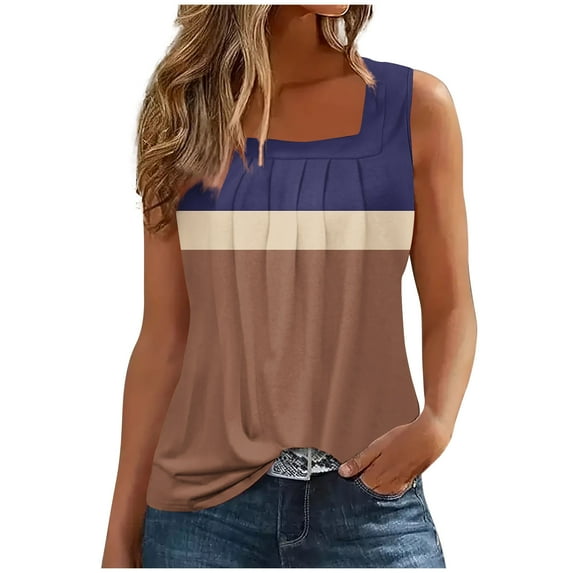 Square Neck Tank Tops for Women Dressy Loose Pleated Tunic Blouses Casual Colorblock 2024 Summer Sleeveless T-Shirts