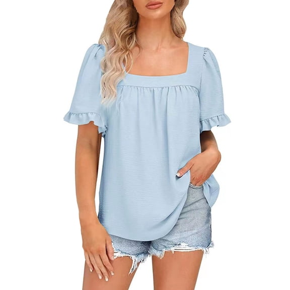 Square Neck Tops for Women, Yigetop Women's 2025 Summer Tops Trendy Short Sleeve Tshirt Ruffled Flared Sleeve Casual Square Neck Loose Fit Shirt Womens Summer Tops Light Blue M