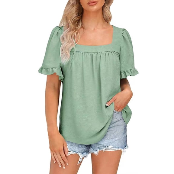 Square Neck Tops for Women, Yigetop Women's 2025 Summer Tops Trendy Short Sleeve Tshirt Ruffled Flared Sleeve Casual Square Neck Loose Fit Shirt Womens Summer Tops Green M