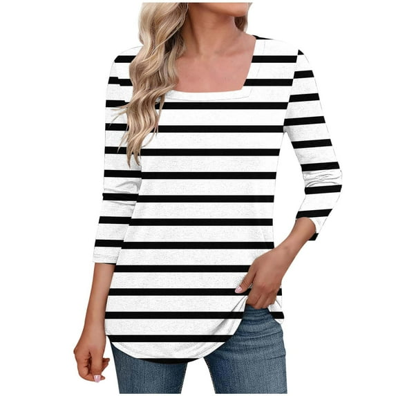 Square Neck Tops for Women Gradient Color Plus Size Summer T-shirts 3/4 Sleeve Tunic Top Casual Dressy Blouse Tees (M, White-Stripes)