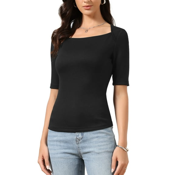 Square Neck Tops for Women Half Sleeve Fitted Dressy Casual Summer Blouse Top S Black