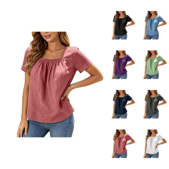 Square Neck Tops for Women Short Sleeve Casual Pleated Front Lightweight T-Shirts Summer Blouses Beach Vacation Shirt