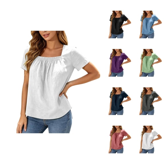 Square Neck Tops for Women Short Sleeve Casual Pleated Front Lightweight T-Shirts Summer Blouses Beach Vacation Shirt