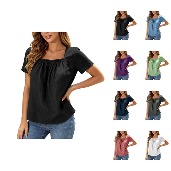 Square Neck Tops for Women Short Sleeve Casual Pleated Front Lightweight T-Shirts Summer Blouses Beach Vacation Shirt