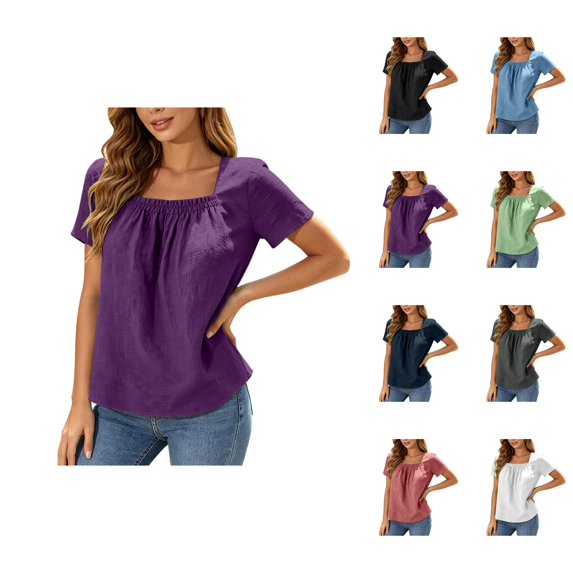 Square Neck Tops for Women Short Sleeve Casual Pleated Front Lightweight T-Shirts Summer Blouses Beach Vacation Shirt
