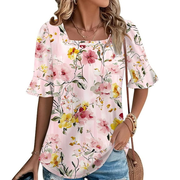Square Neck Tshirts for Women Womens Short Sleeve Shirts Tshirts Shirts T Shirts for Women Graphic Vintage T Shirts Graphic Ruffle Half Sleeve Blouse