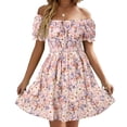 thumbnail image 1 of Square Neck Womens Boho Floral Smocked Short Sleeve Ruffle Beach Summer Mini Dress, 1 of 7