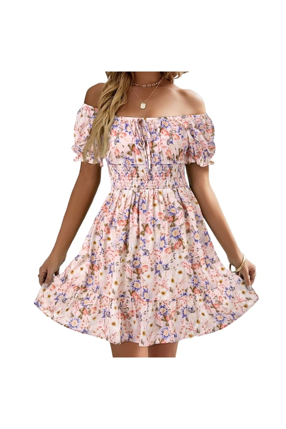 Square Neck Womens Boho Floral Smocked Short Sleeve Ruffle Beach Summer Mini Dress