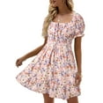 thumbnail image 1 of Square Neck Womens Boho Floral Smocked Short Sleeve Ruffle Beach Summer Mini Dress, 1 of 7