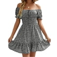 thumbnail image 1 of Square Neck Womens Boho Floral Smocked Short Sleeve Ruffle Beach Summer Mini Dress, 1 of 6