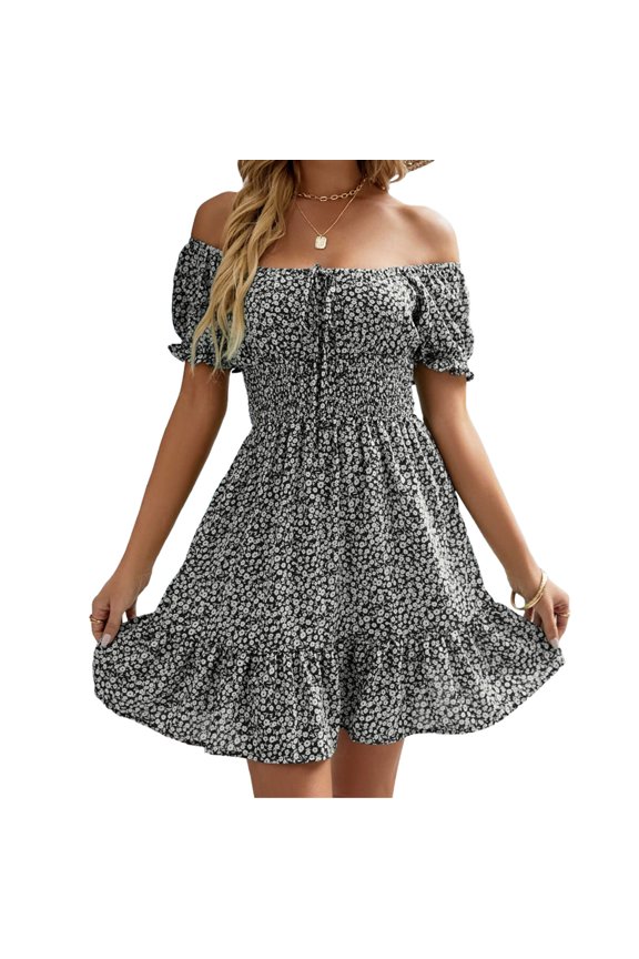 Square Neck Womens Boho Floral Smocked Short Sleeve Ruffle Beach Summer Mini Dress