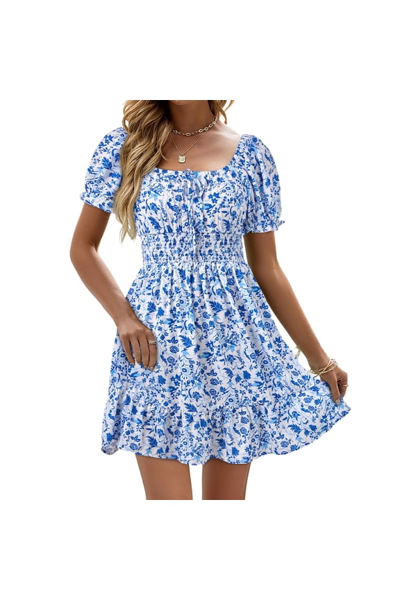 Square Neck Womens Boho Floral Smocked Short Sleeve Ruffle Beach Summer Mini Dress