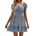 thumbnail image 1 of Square Neck Womens Boho Floral Smocked Short Sleeve Ruffle Beach Summer Mini Dress, 1 of 6