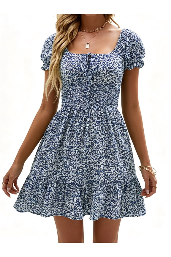 Square Neck Womens Boho Floral Smocked Short Sleeve Ruffle Beach Summer Mini Dress