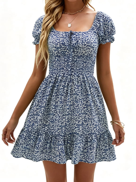 Square Neck Womens Boho Floral Smocked Short Sleeve Ruffle Beach Summer Mini Dress