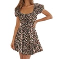 thumbnail image 1 of Square Neck Womens Boho Floral Smocked Short Sleeve Ruffle Beach Summer Mini Dress, 1 of 5