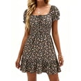 thumbnail image 1 of Square Neck Womens Boho Floral Smocked Short Sleeve Ruffle Beach Summer Mini Dress, 1 of 6