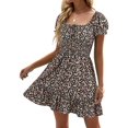 thumbnail image 1 of Square Neck Womens Boho Floral Smocked Short Sleeve Ruffle Beach Summer Mini Dress, 1 of 5