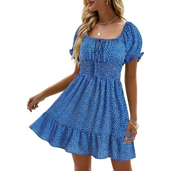 Square Neck Womens Boho Floral Smocked Short Sleeve Ruffle Beach Summer Mini Dress
