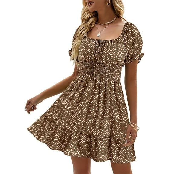 Square Neck Womens Boho Floral Smocked Short Sleeve Ruffle Beach Summer Mini Dress