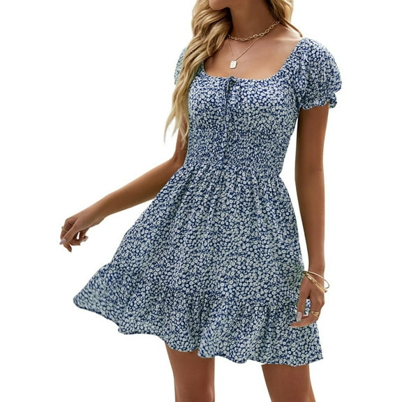 Square Neck Womens Boho Floral Smocked Short Sleeve Ruffle Beach Summer Mini Dress