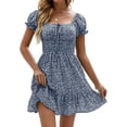 thumbnail image 1 of Square Neck Womens Boho Floral Smocked Short Sleeve Ruffle Beach Summer Mini Dress, 1 of 5