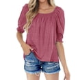thumbnail image 1 of Square Neck Womens Casual Puff Half Sleeve Tops Pleated T Shirts, 1 of 5