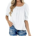 thumbnail image 1 of Square Neck Womens Casual Puff Half Sleeve Tops Pleated T Shirts, 1 of 4